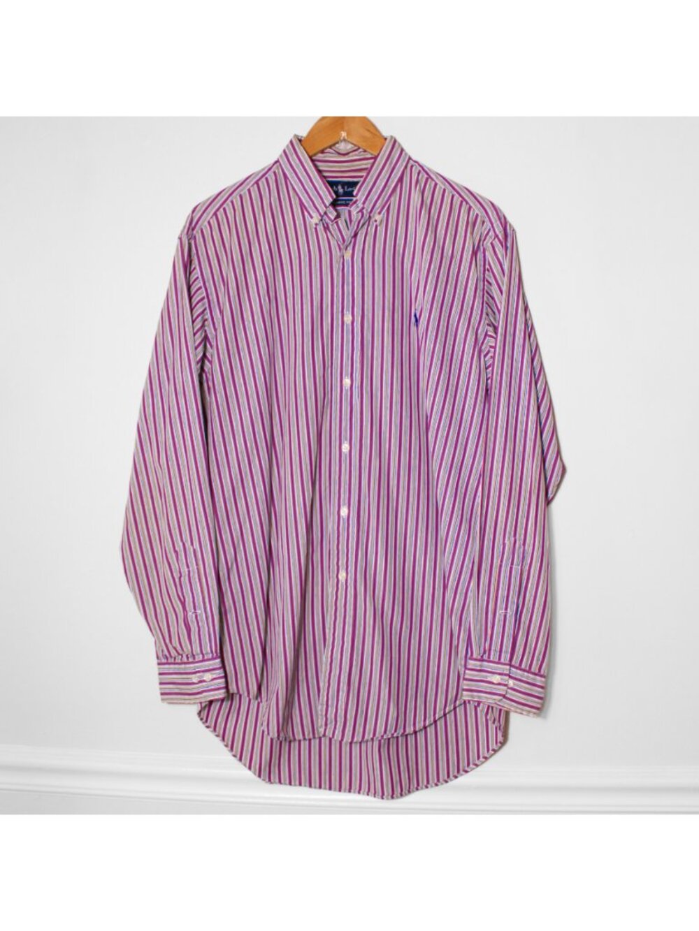 Ralph Lauren Mens Classic Fit Vertical Stripe Button Up Shirt Purple Size 15.5 M